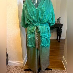 Green Metallic Midi Dress with Belt